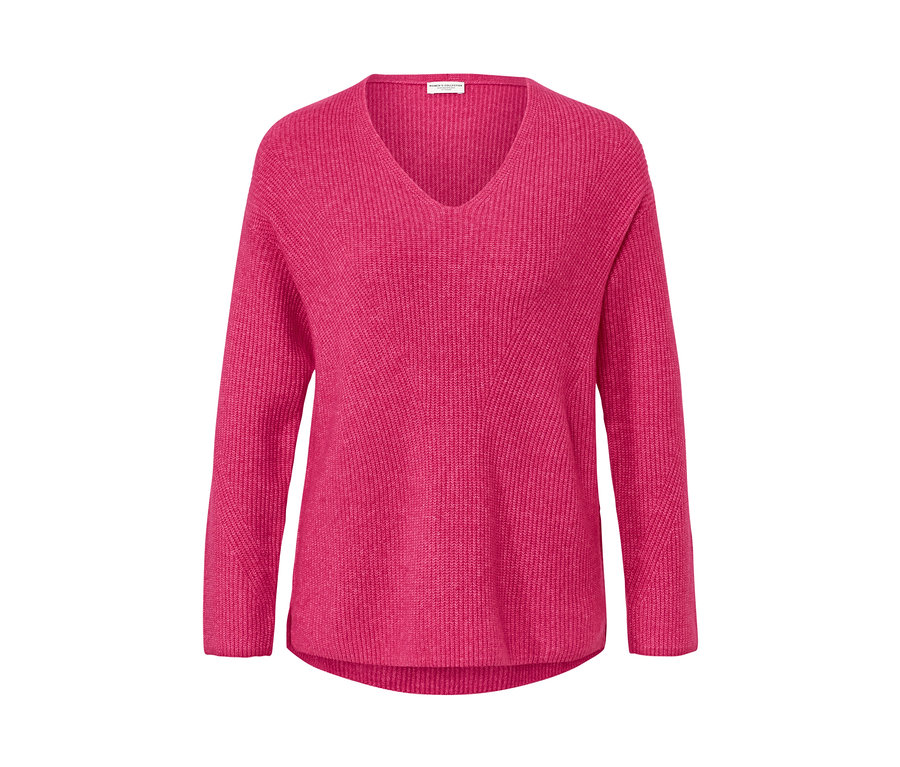 Málnaszínű, vastag kötésű V-nyakú pulóver.