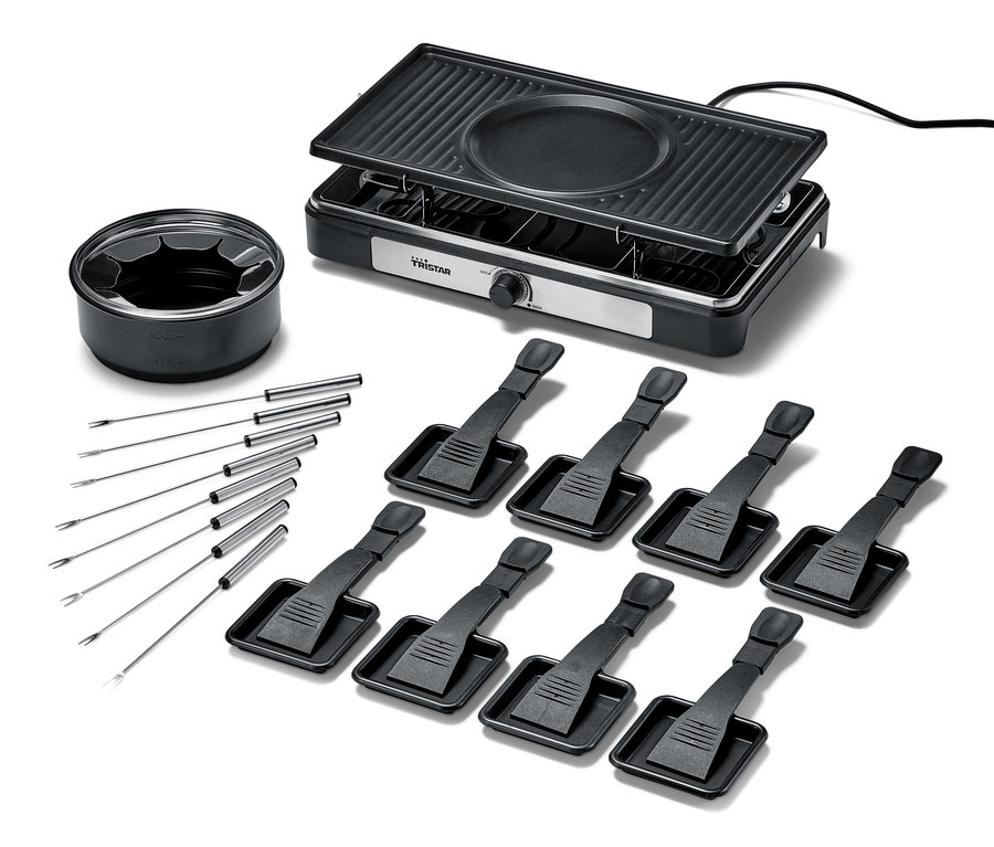 Fekete 2 az 1-ben raclette és fondue grill fondue-s edénnyel, nyolc spatulával és villával.