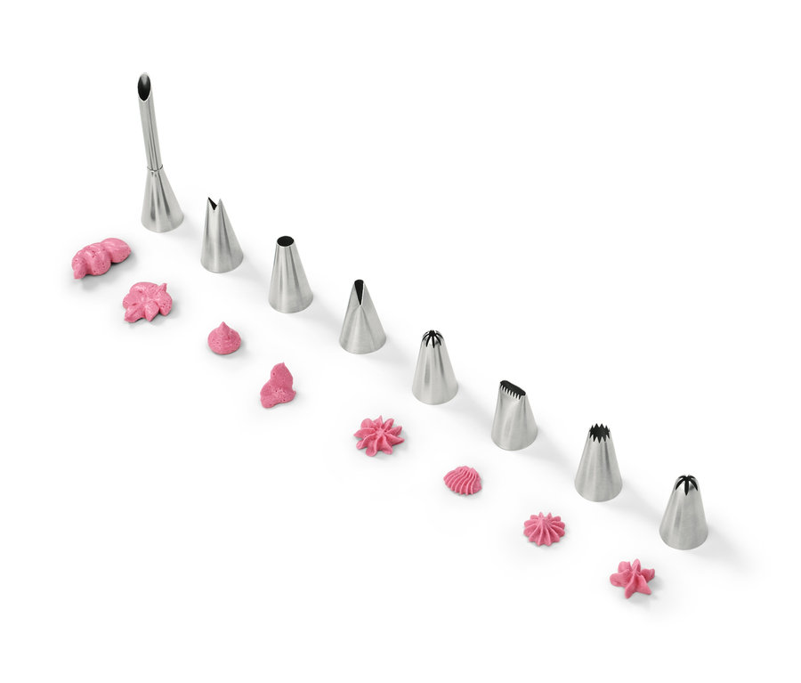 Díszítőcső készlet rózsaszín díszekkel fehér háttéren.