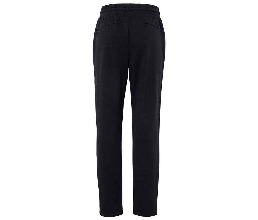 Fekete színű szabadidő nadrág, gumis derékrésszel, hátulról nézve.