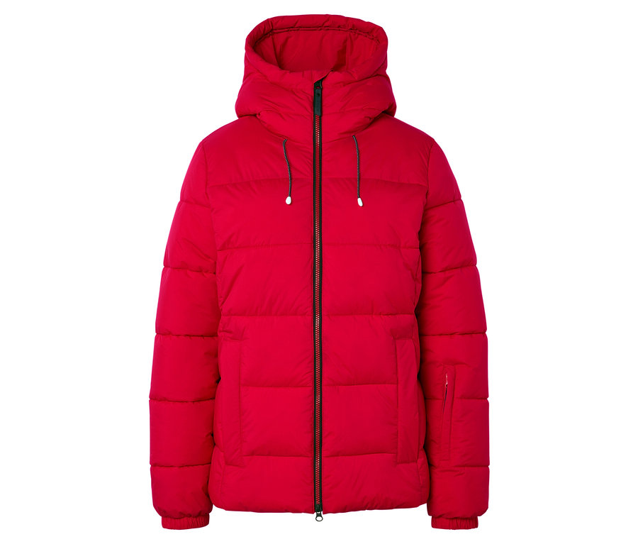 Piros, cipzáras, kapucnis pehelykabát.