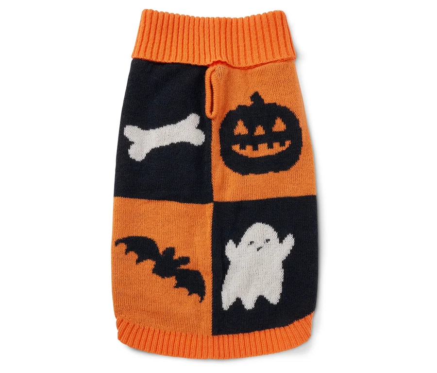 Halloween mintás kutyapulóver. A narancssárga és fekete pulóveren szellem, denevér, tök és csont minták vannak.