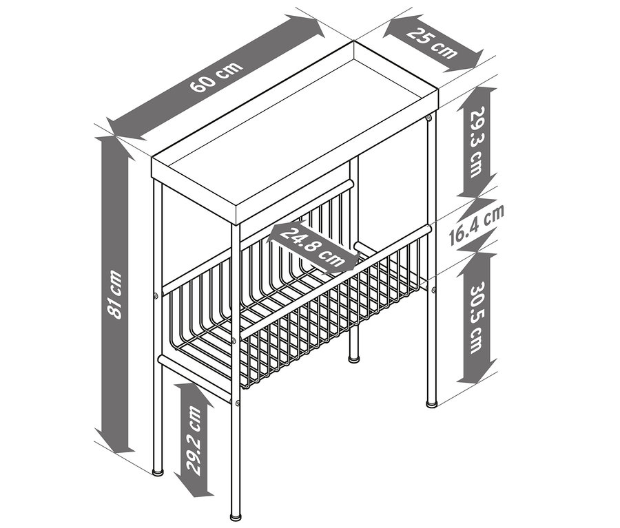 Illusztráció egy fém konzolasztalról, fekete színben, méretekkel feltüntetve.