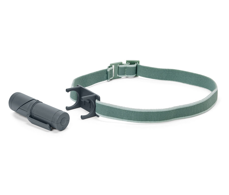 Szürke 2 az 1-ben LED multifunkciós lámpa elasztikus, zöld fejpánttal.