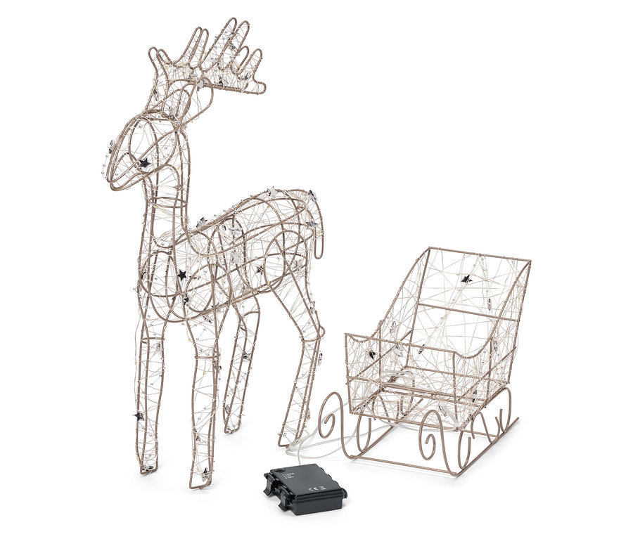 Drótszarvas és szán csillagokkal és fekete akkumulátorral fehér háttéren.