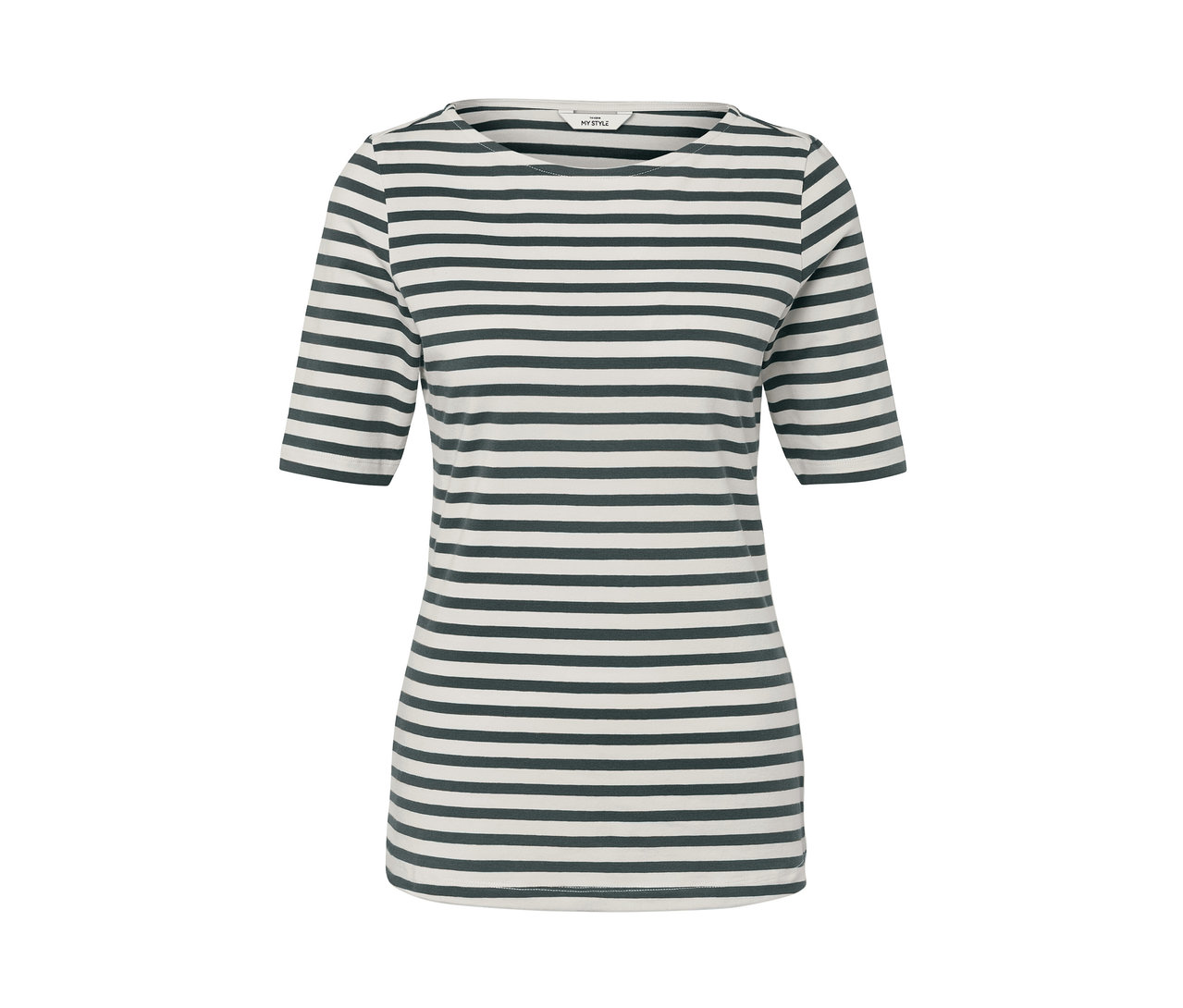 Zöld csíkos, félhosszú ujjú póló.