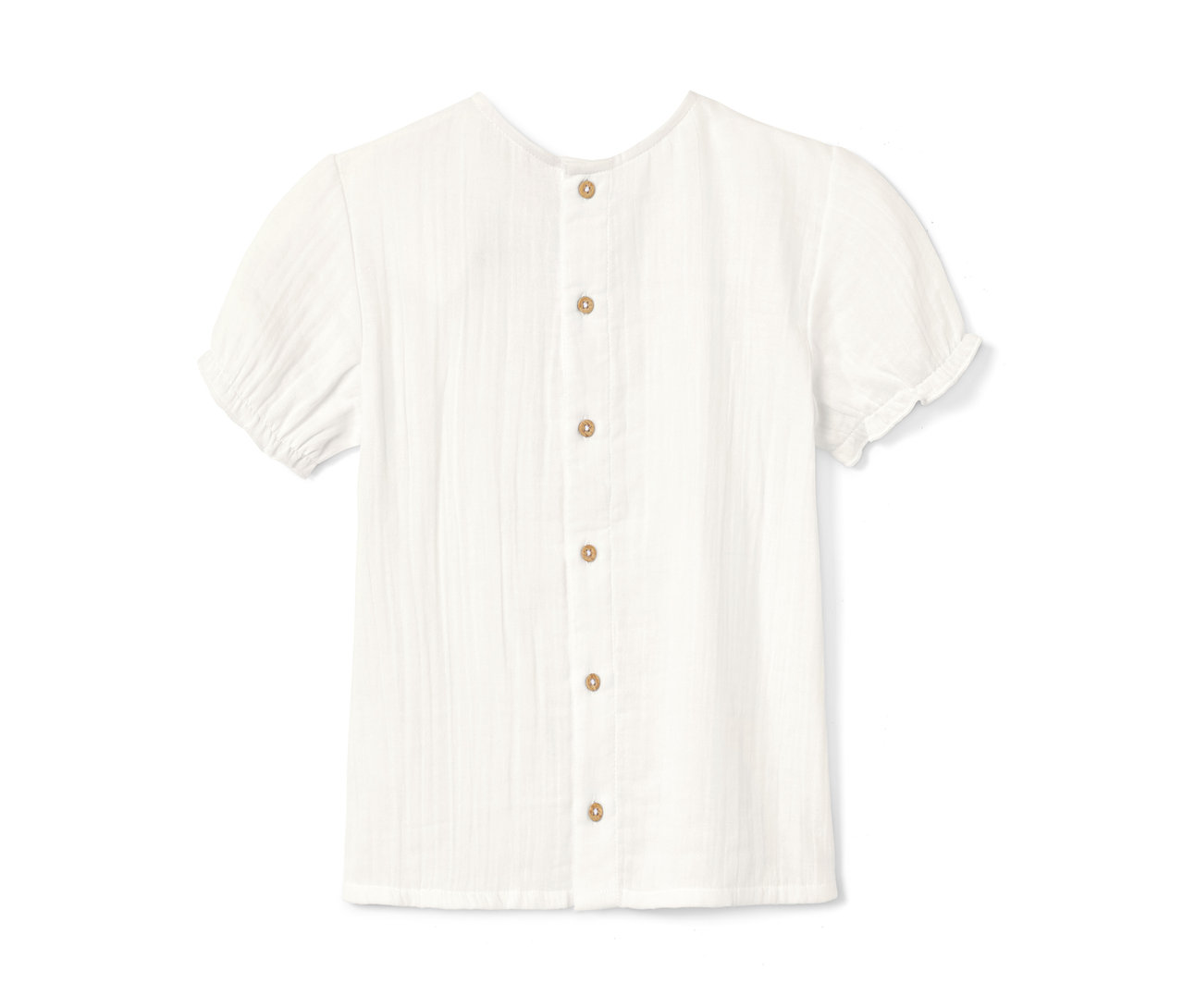 Egy rövid ujjú, hátul gombos, fehér blúz részlete.