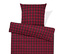 Piros kockás ágynemű párnával.