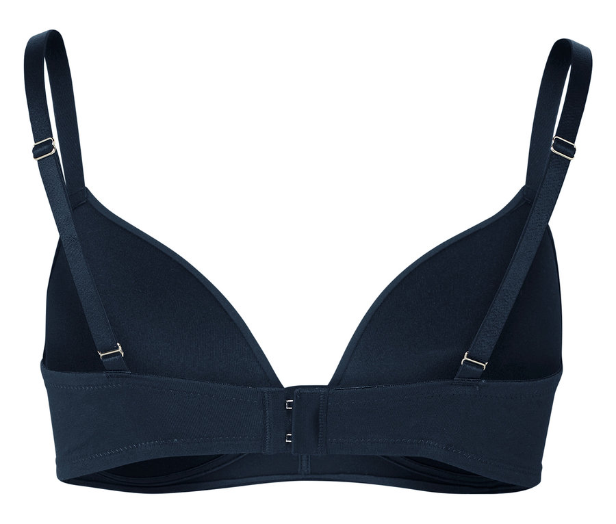 Egy sötétkék melltartó részletes hátsó nézete, állítható pántokkal és kapcsos zárással.