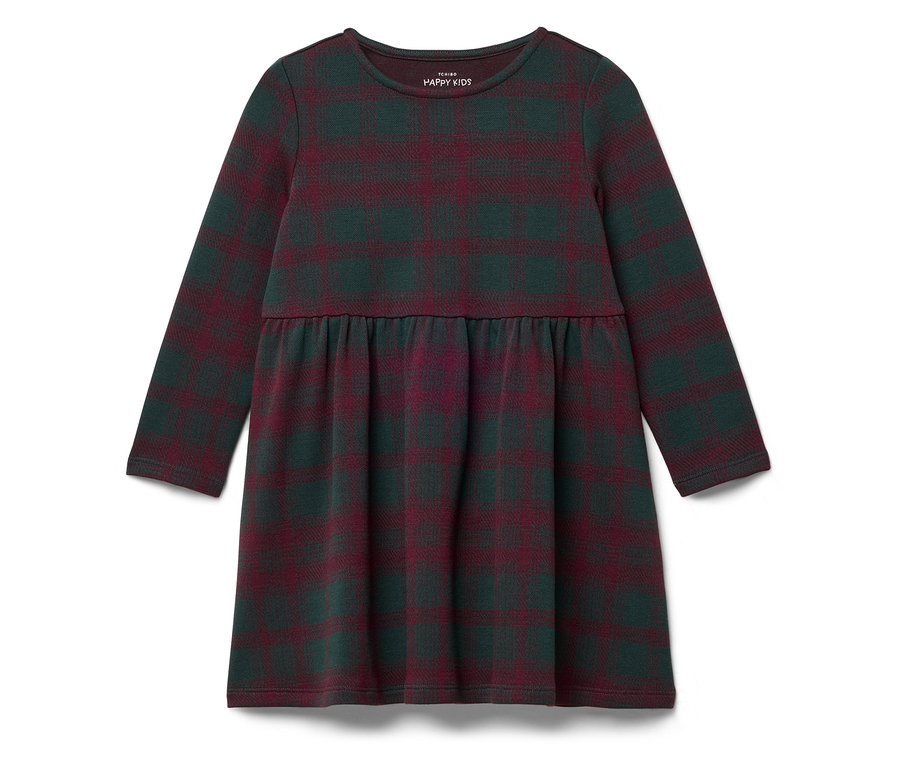 Kockás, hosszú ujjú ruha zöld és bordó színekben.