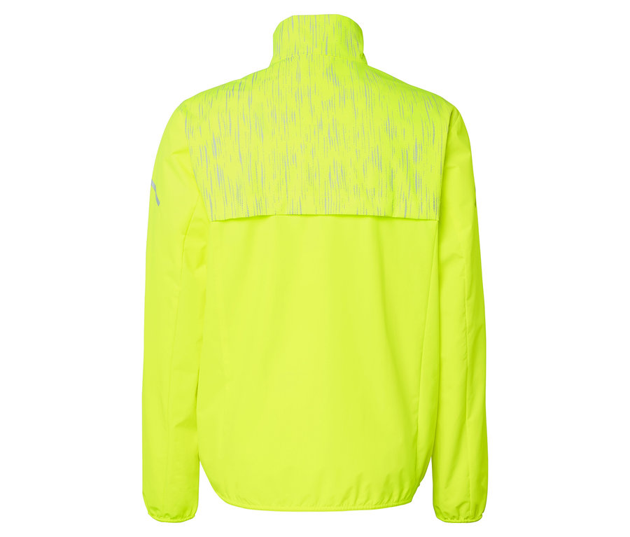Hátulnézet egy neonsárga kabátról, fényvisszaverő részletekkel a hát felső részén.