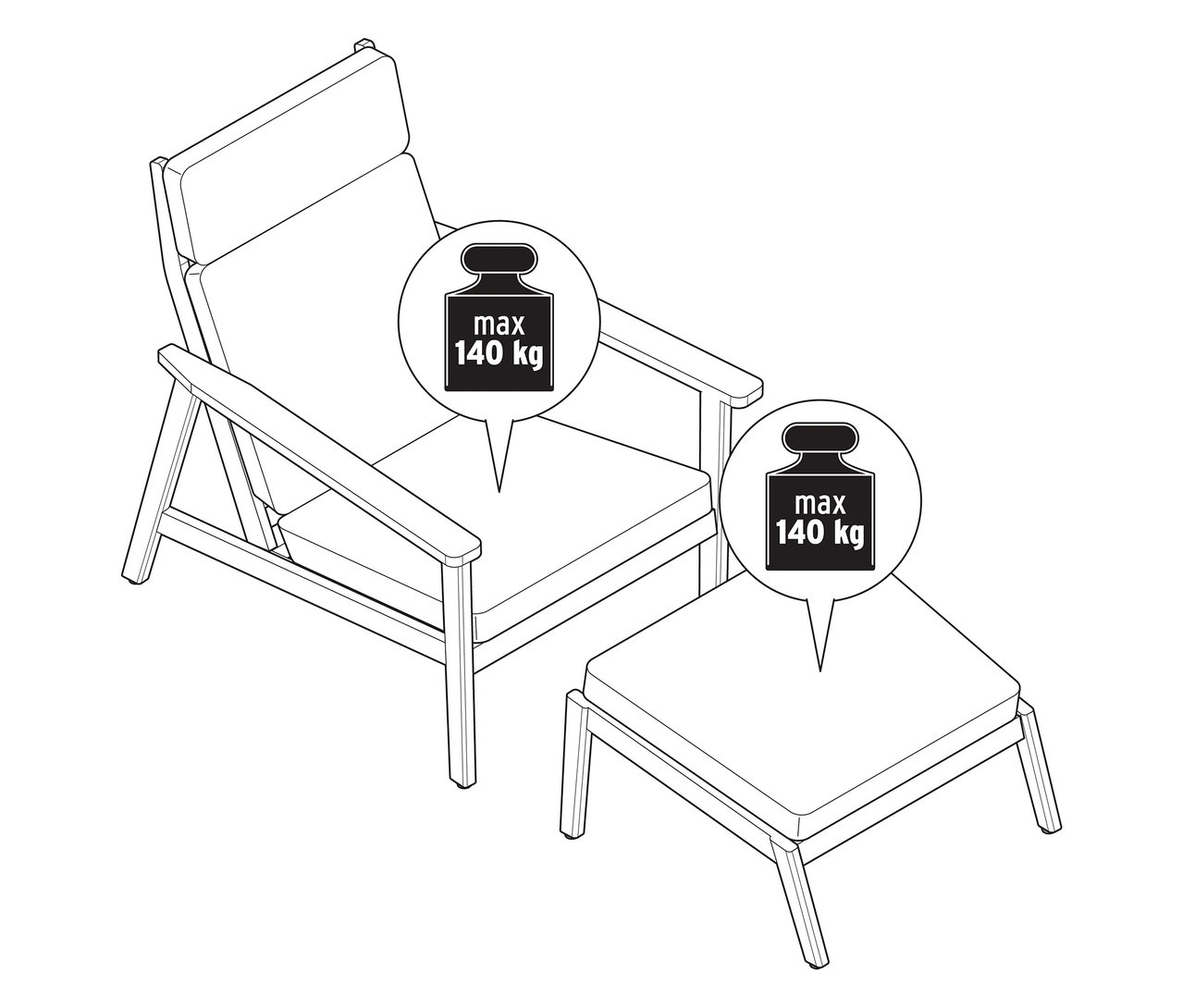 Egy kényelmes, magas háttámlás kerti szék illusztrációja lábtartóval. A maximális súly 140 kg.