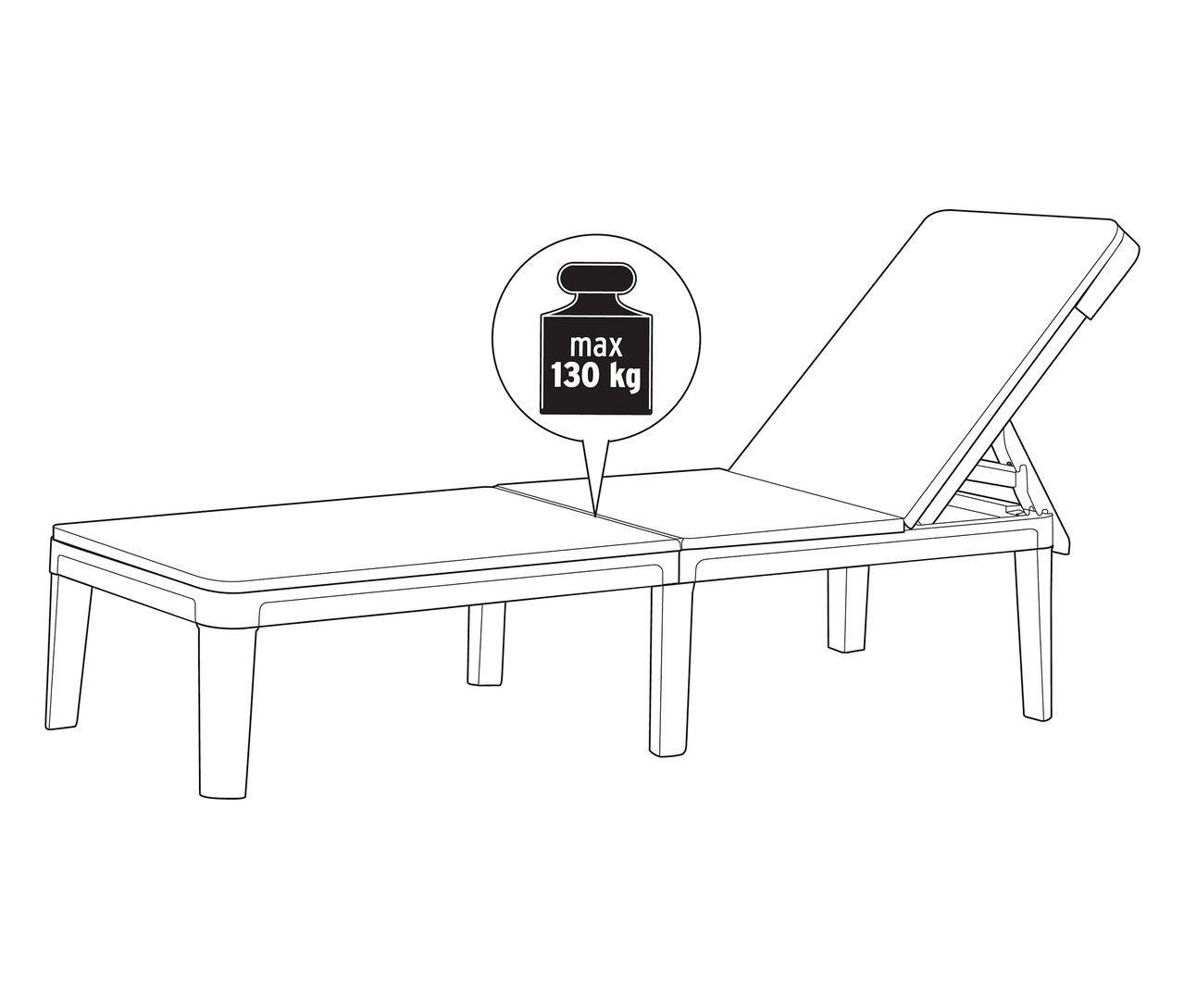 Vázlat egy napozóágyról, melynek maximális terhelhetősége 130 kg.