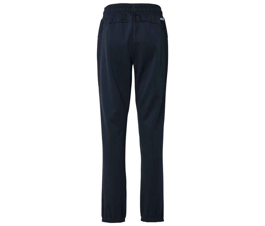 Hátulról fényképezett, sötétkék színű, gumis derekú melegítőnadrág.