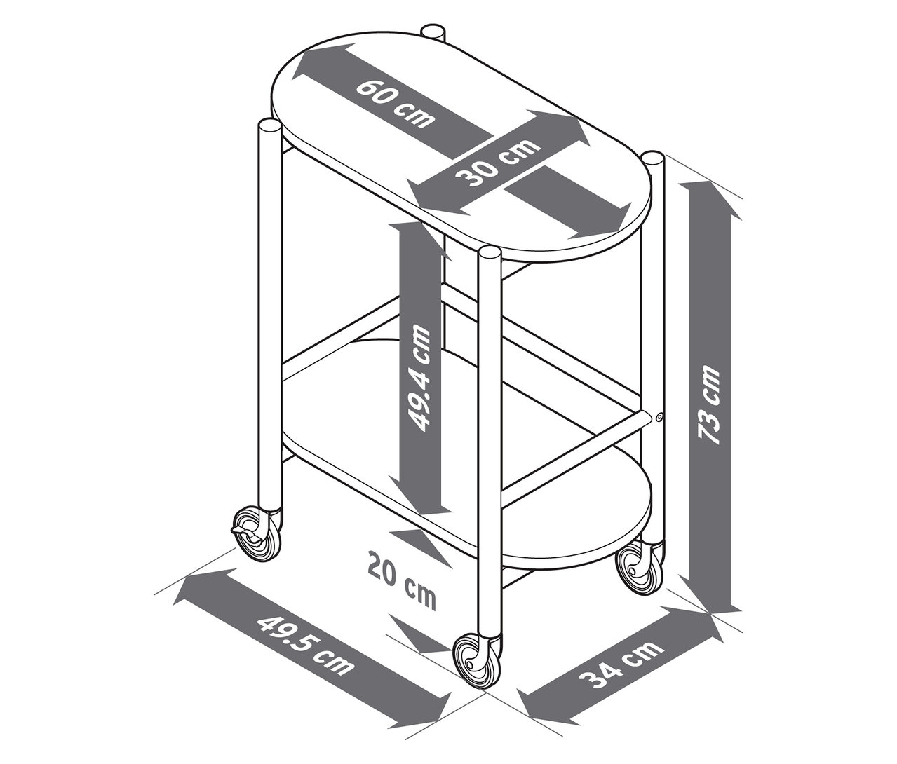 2 szintes tömörfa zsúrkocsi ábrája méretekkel.