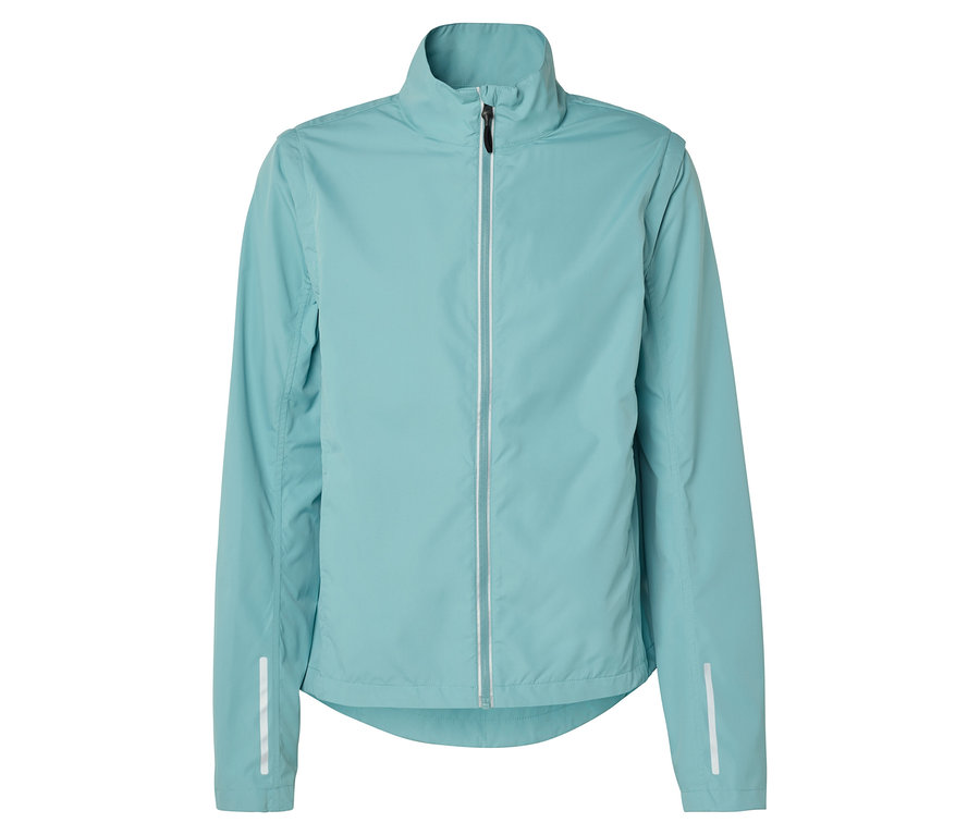 Egy világoskék, hosszú ujjú, elöl cipzáros futókabát látható fehér háttér előtt.