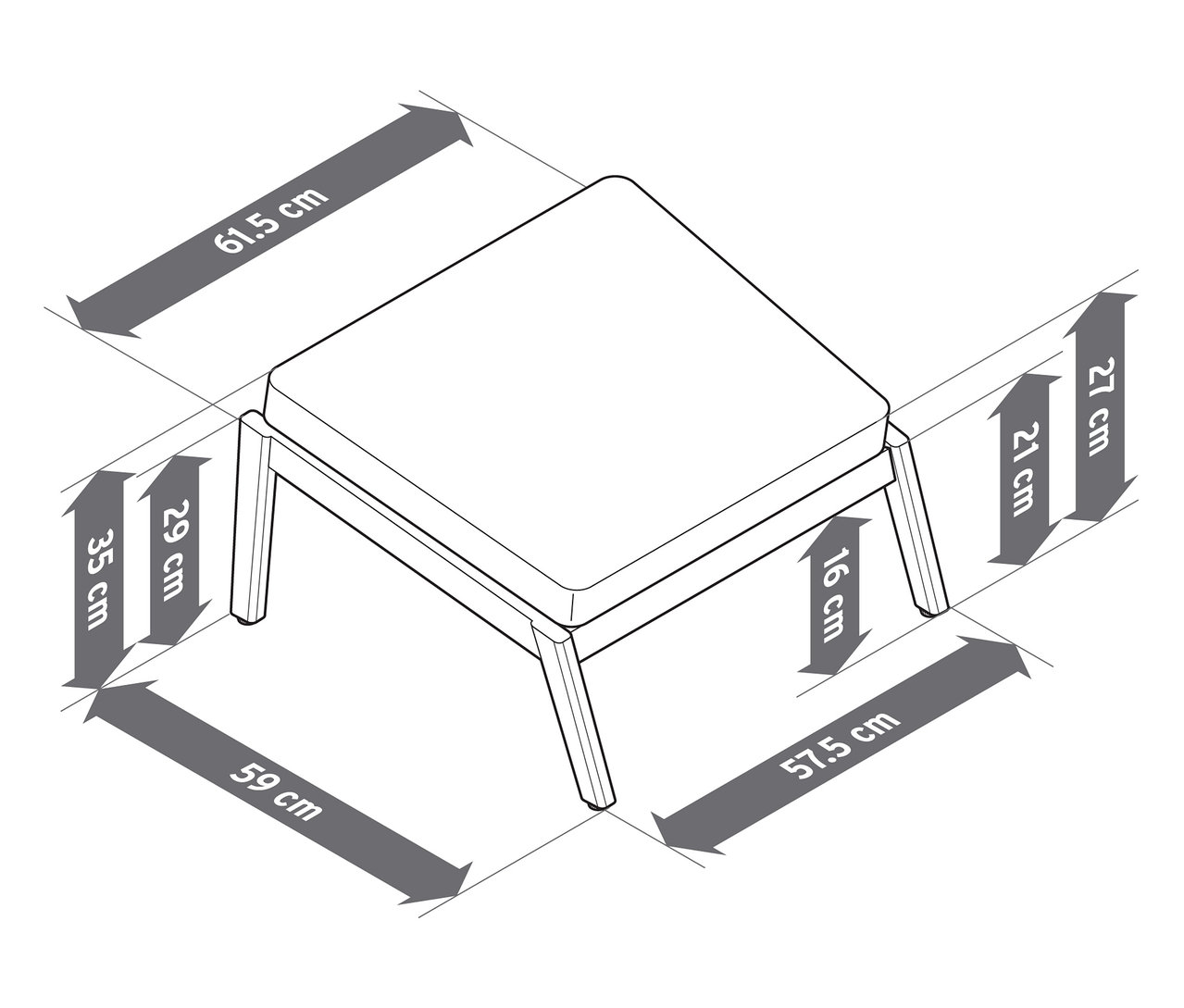 Ábra egy kényelmes, magas háttámlás kerti szék lábtartóval, méretekkel.