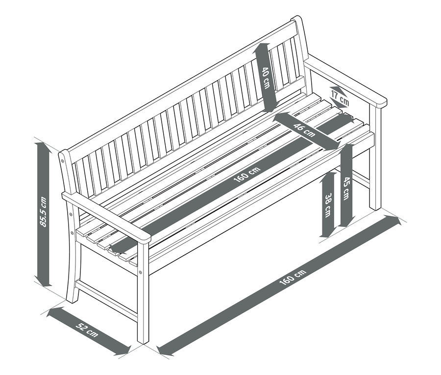 Felülnézet egy klasszikus tíkfából készült kerti padra (kb. 160 cm) méretekkel.
