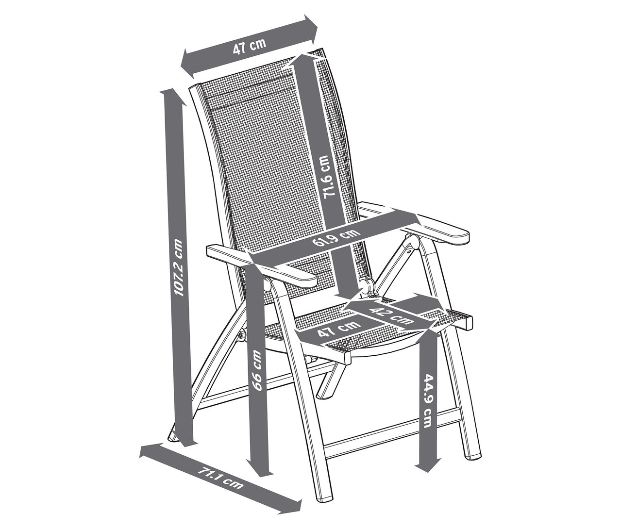 A képen egy "Liska" magas támlás szék látható állítható háttámlával, méretekkel feltüntetve.