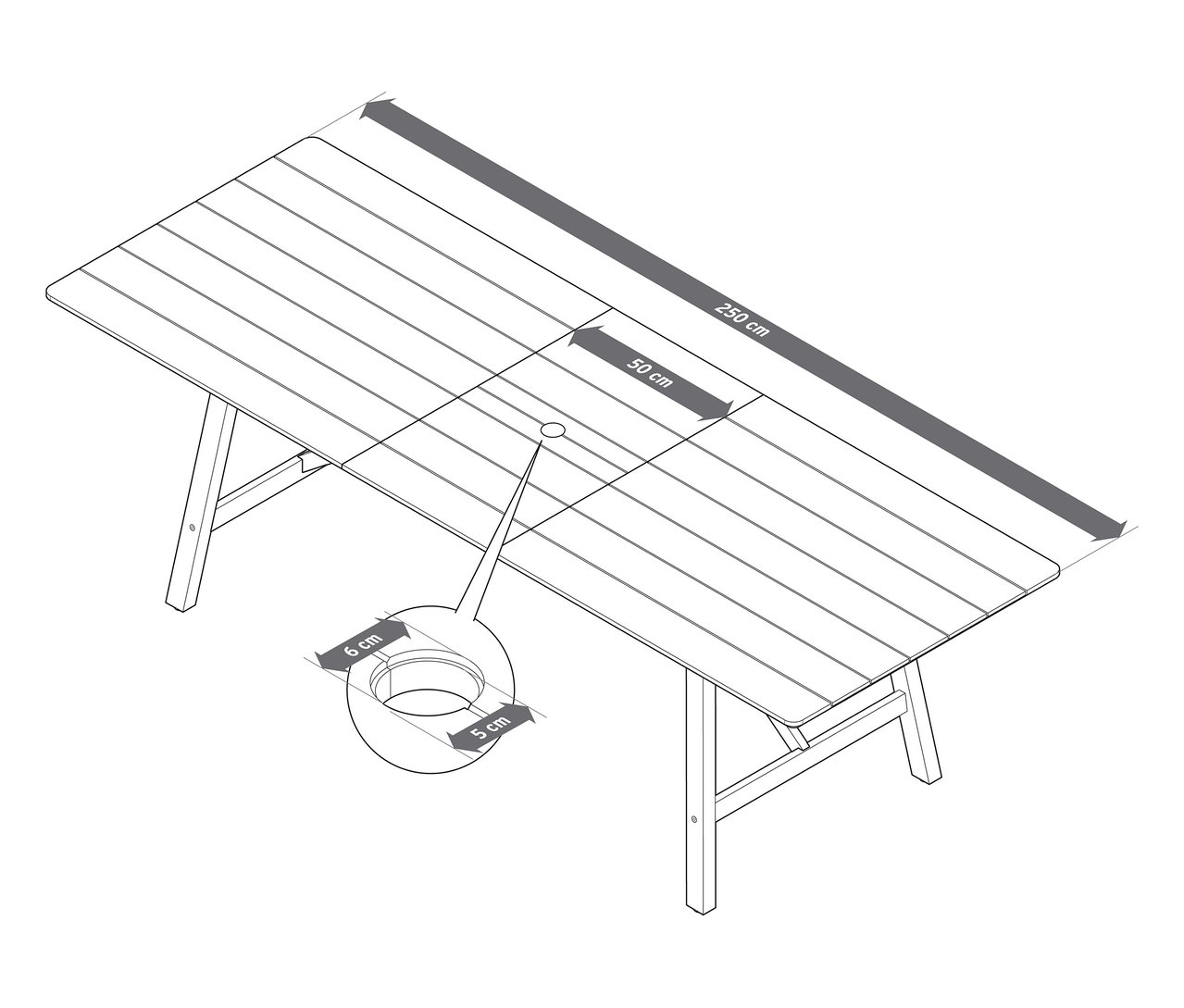 Felülnézet egy kihúzható kerti asztalról, rusztikus kerettel, kb. 200-250 cm, méretekkel.