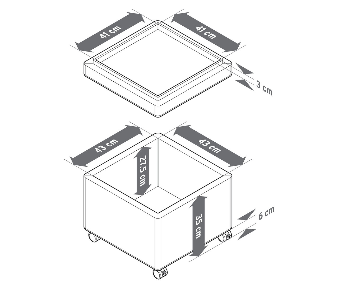 Felülnézet és perspektivikus nézet egy görgős és tálcás puffról, mindegyik centiméterben megadott méretekkel.