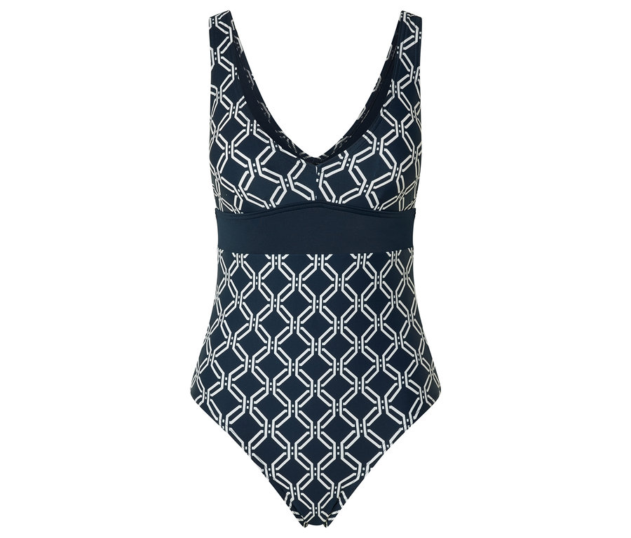 Sötétkék-fehér, geometrikus mintás fürdőruha.