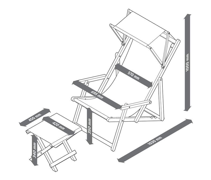Ábra egy kerti összecsukható napozószékről, lábtartóval, méretekkel jelölve.