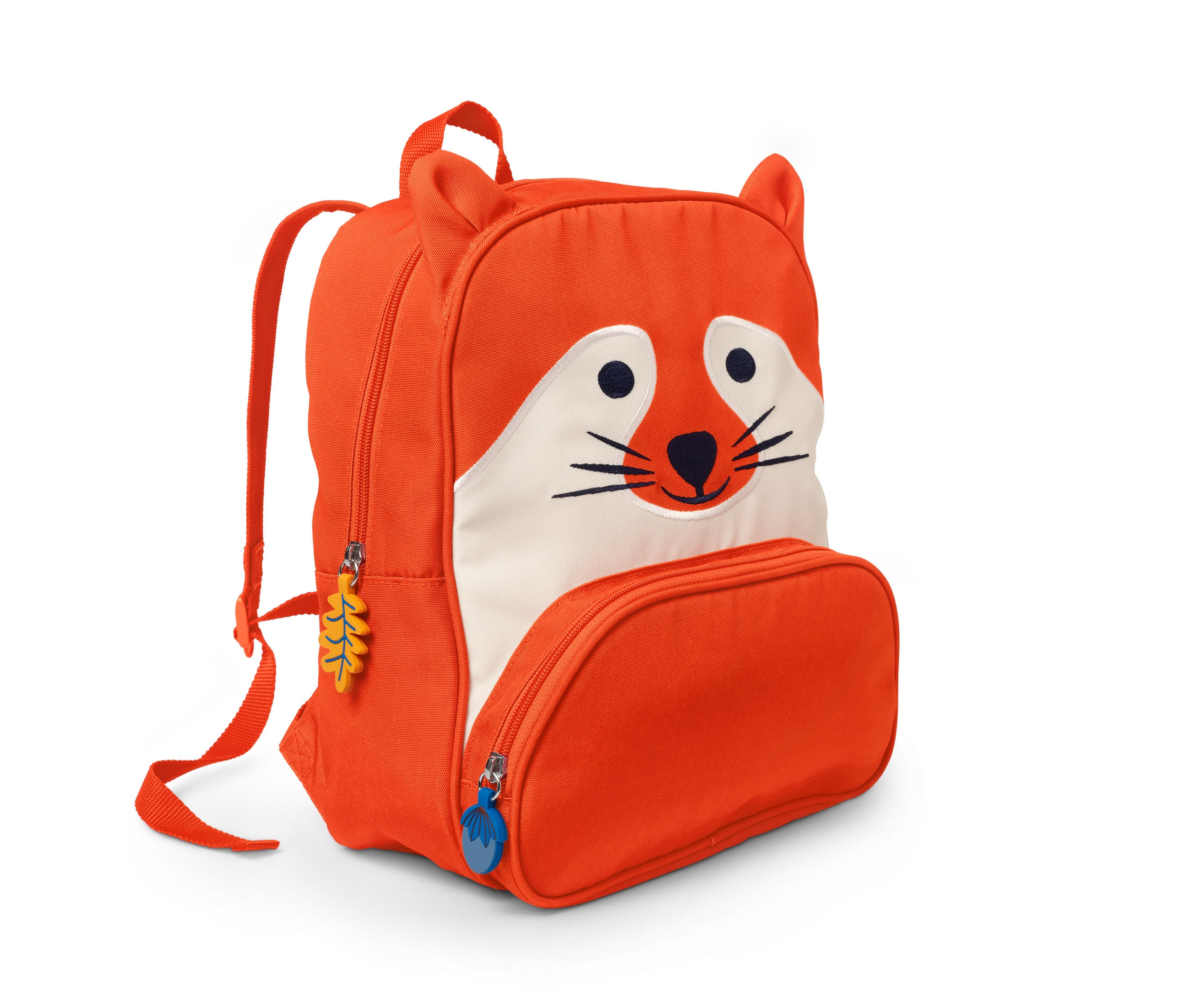 Narancssárga róka hátizsák fülekkel, róka arccal és levél alakú cipzár húzókkal.