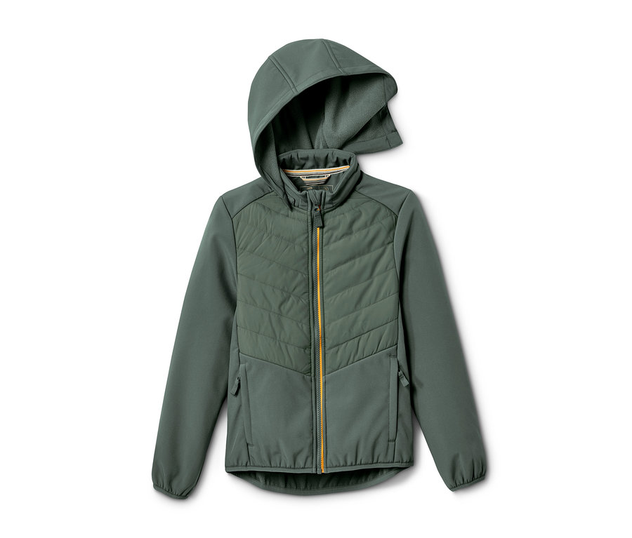 Zöld, kapucnis hibrid dzseki sárga cipzárral.