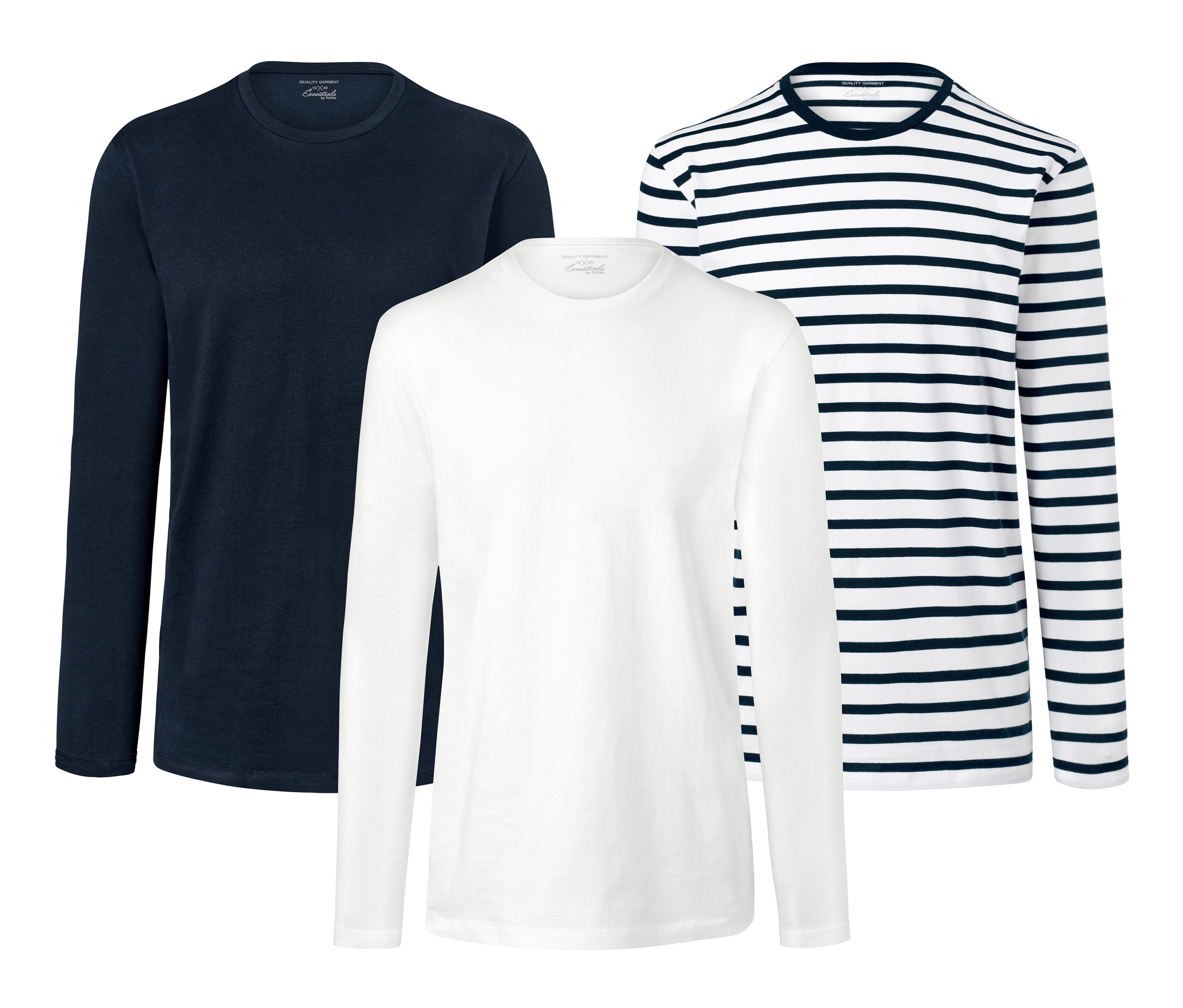 Három hosszú ujjú felső: sötétkék, fehér és kék-fehér csíkos.