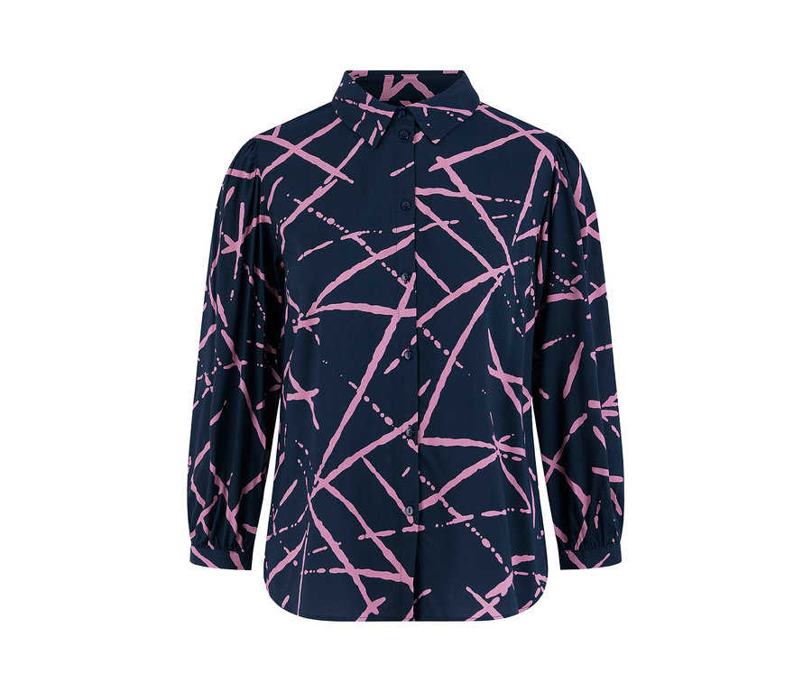 Tengerészkék női ingblúz rózsaszín geometrikus mintával.