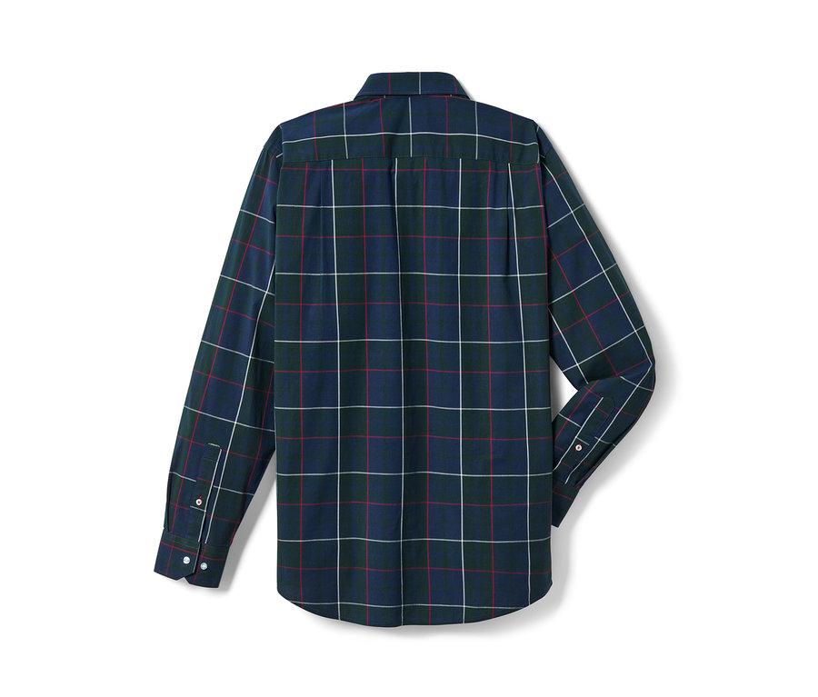 Egy sötétkék, zöld és piros árnyalatú kockás mintás ing hátuljának részletfotója.