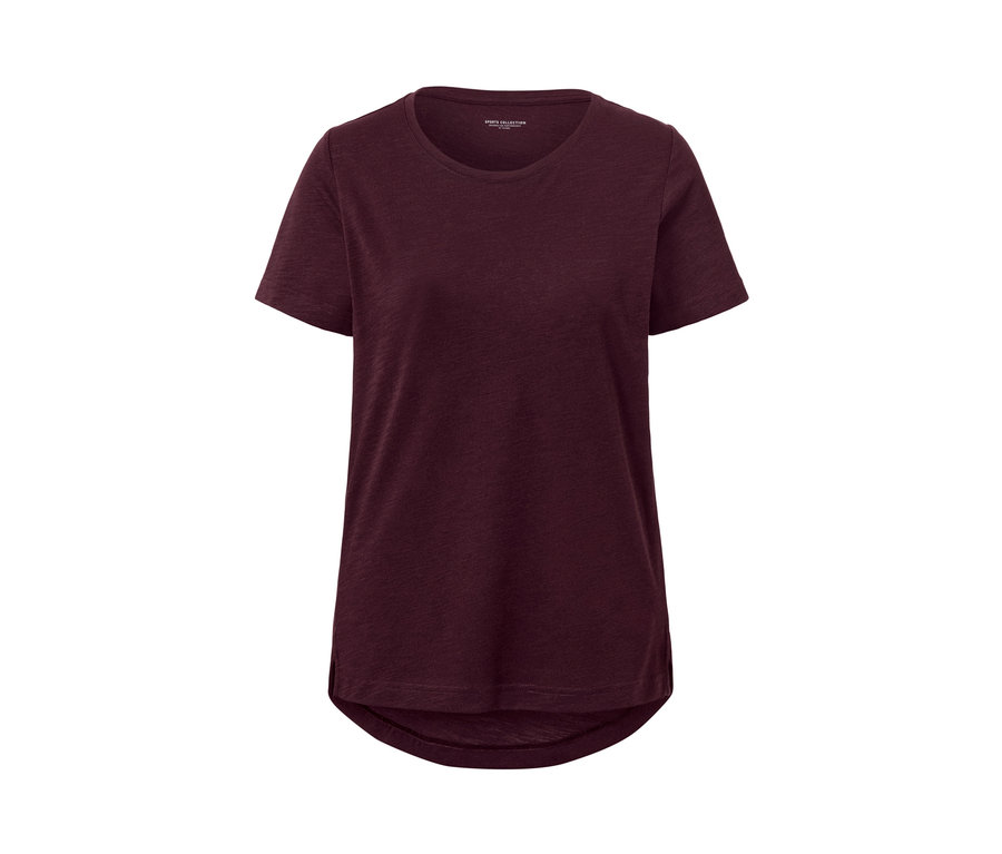 Női sportfelső, melírozott, padlizsán színben, fehér háttérrel.