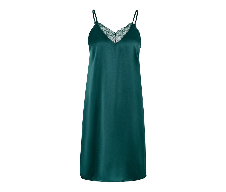 Sötétzöld, csipkés női selyem neglizsé.