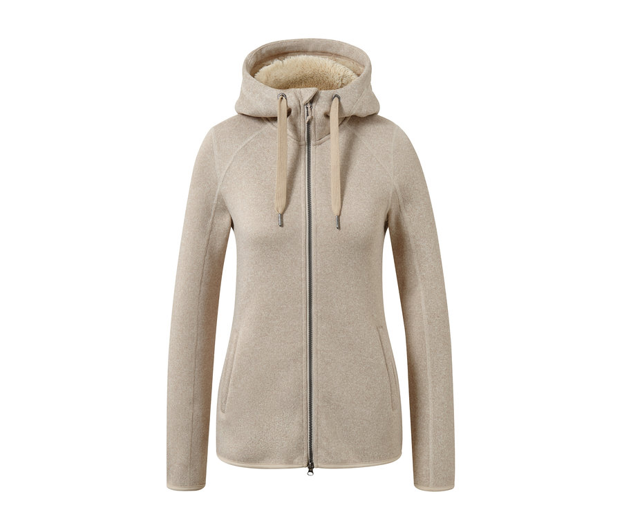 Homokszínű kapucnis kötött polárfelső.