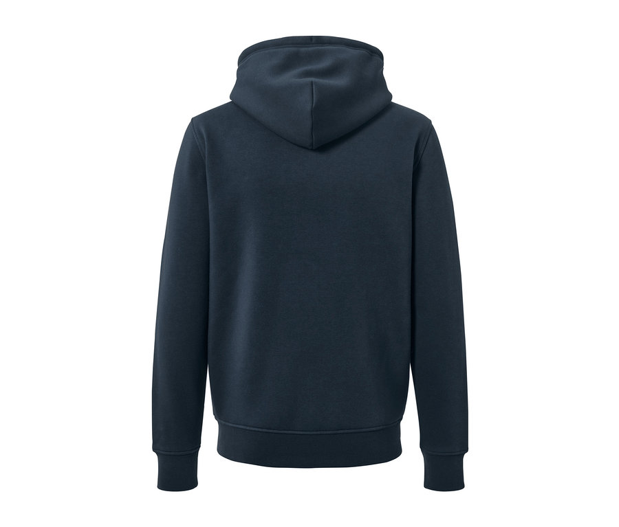 Hátulról látható sötétkék kapucnis pulóver.