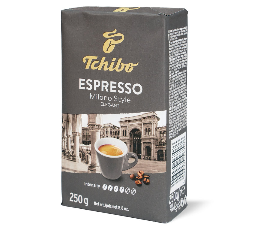 Tchibo Espresso Milano Style - 250g őrölt, pörkölt kávé csomagolása.