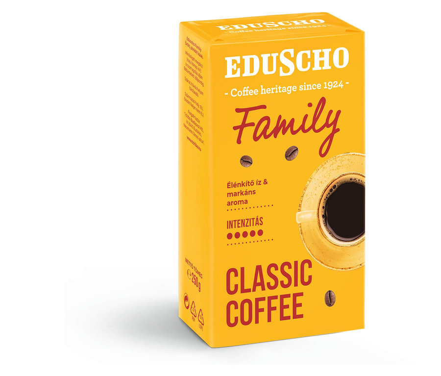 Egy sárga-narancssárga Eduscho Family 250g csomag.