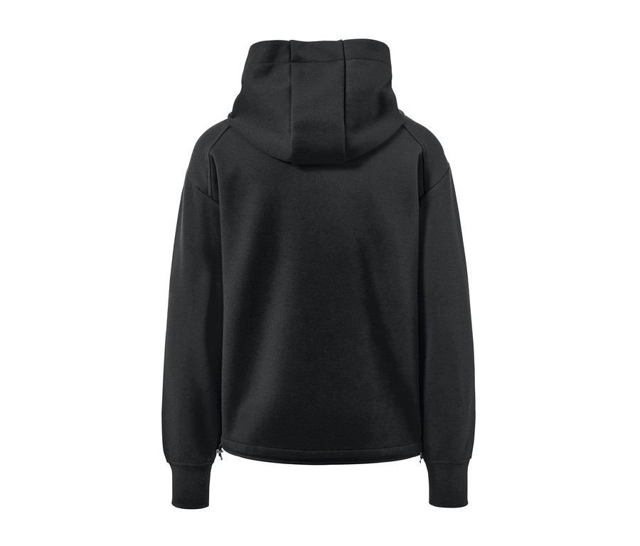 Fekete kapucnis szabadidőfelső hátulnézetből.