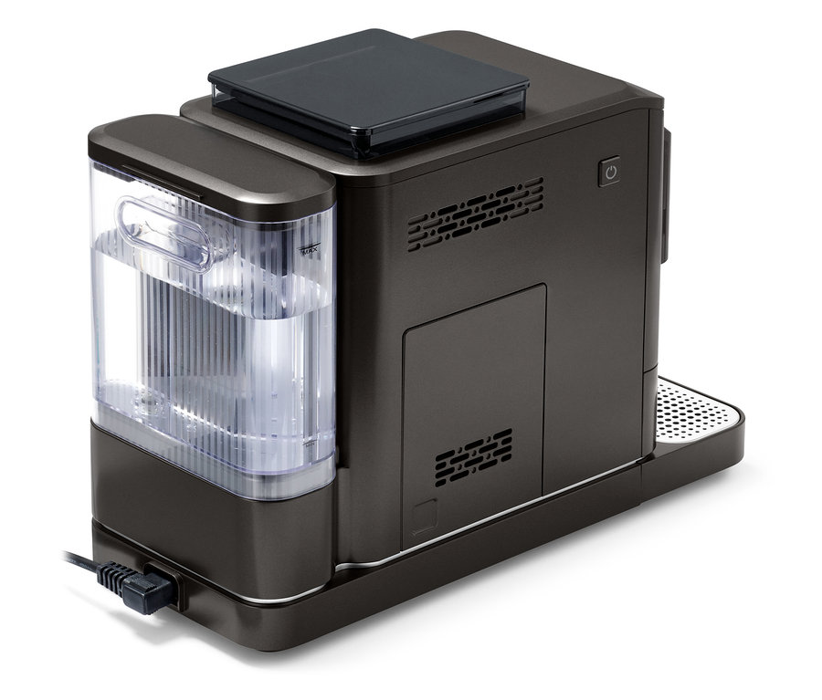 A »Esperto 2 Milk« Granite Black kávéfőző részlete, átlátszó víztartállyal.