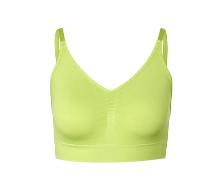 Egy zöld, varrásmentes bustier sportmelltartó.