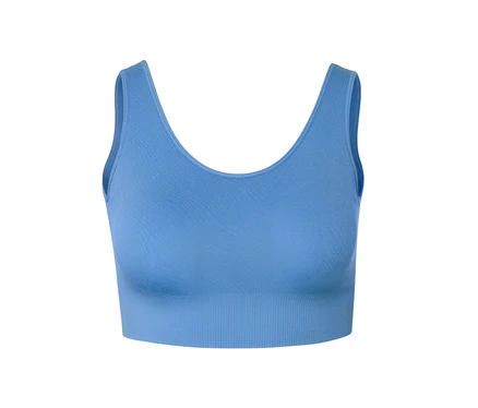 Egy kék női seamless bustier sportmelltartó részlete.