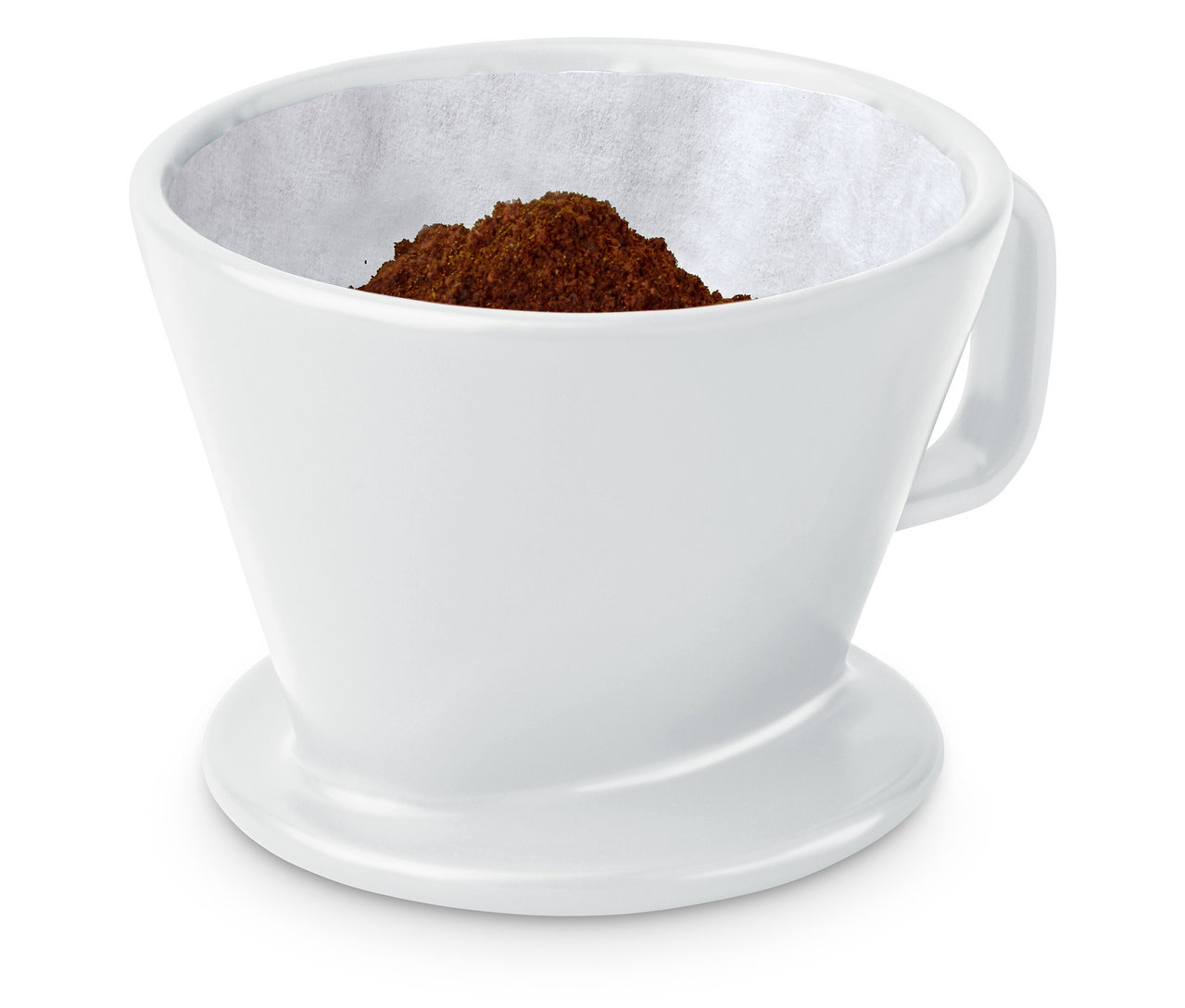 Fehér, 2-es méretű kávéfilter kézi forrázáshoz, kávéőrleménnyel.