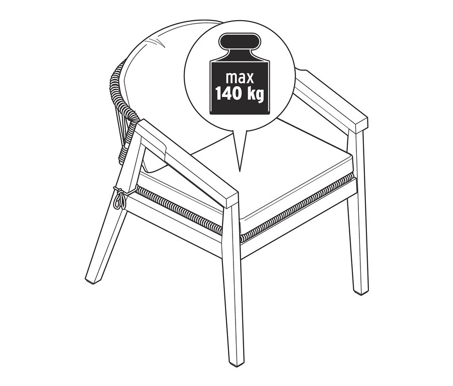 Rajz egy karosszékről, kerek háttámlával és textilhálóval, maximális terhelhetősége 140 kg.