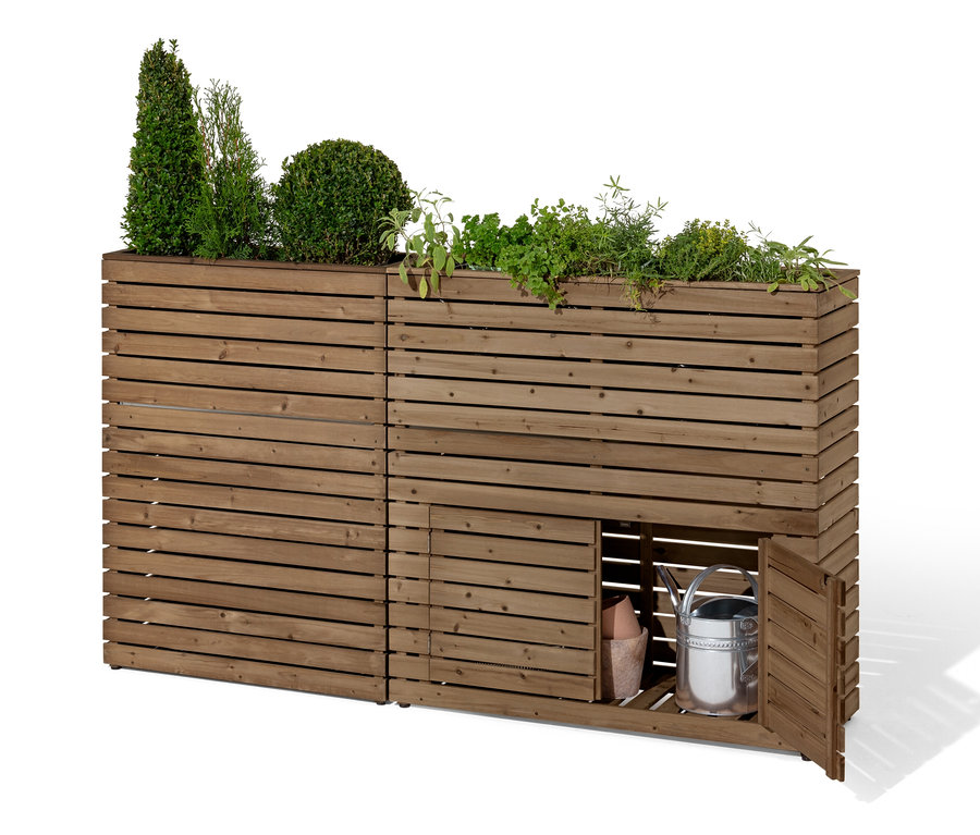 »Tinus« térelválasztó virágláda tárolószekrénnyel, növényekkel és locsolókannával.