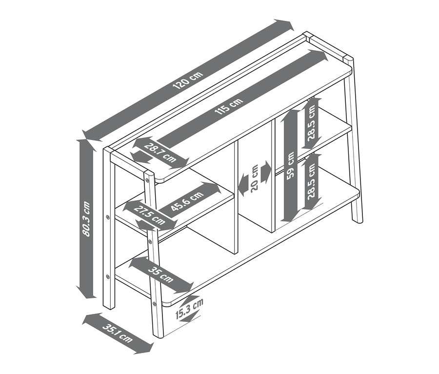 A komód méreteit nyilak és számok jelzik.