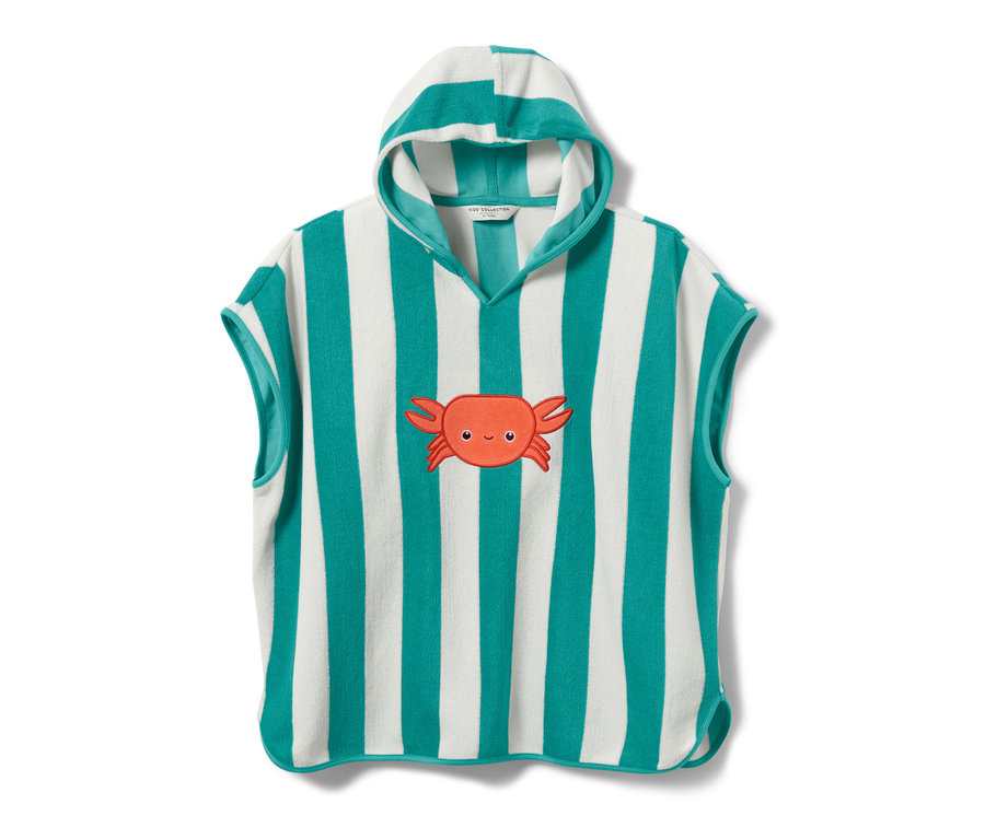 Csíkos frottír poncsó kisgyereknek kapucnival és rák applikációval.