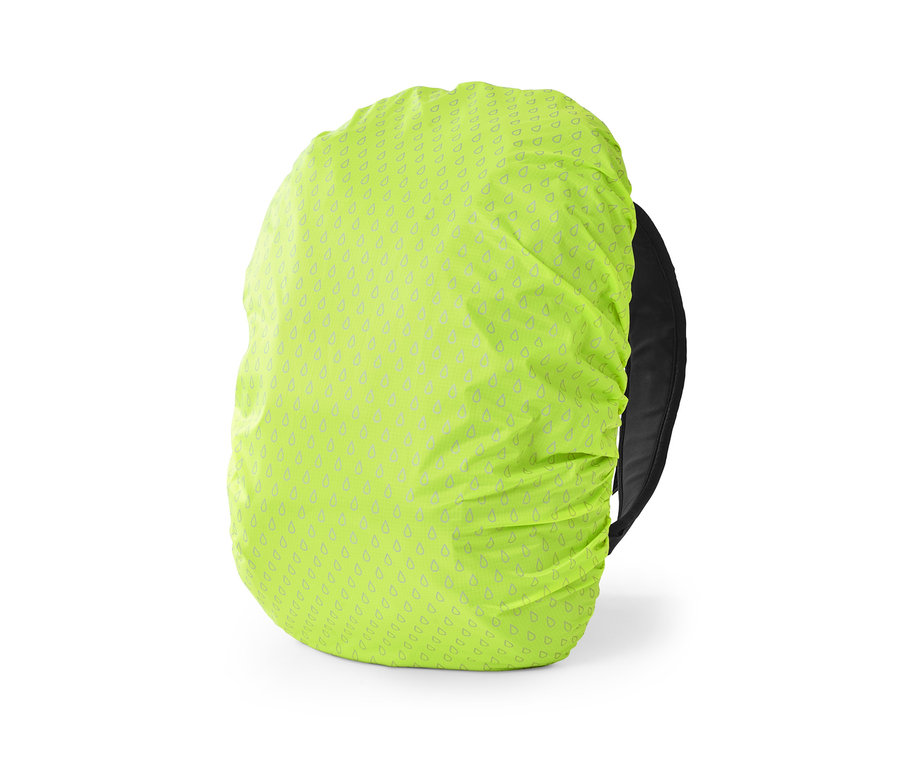 Egy sárga hátizsák esővédő huzattal, cseppmintával.