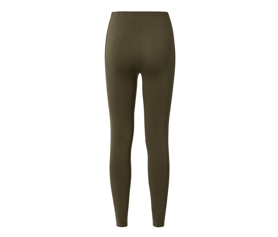 Hátulnézet egy olívazöld, paszpólos leggingsről.