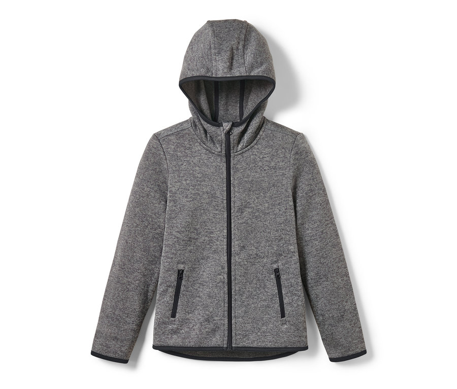 Szürke, cipzáras, kapucnis gyerek kötött polárfelső.